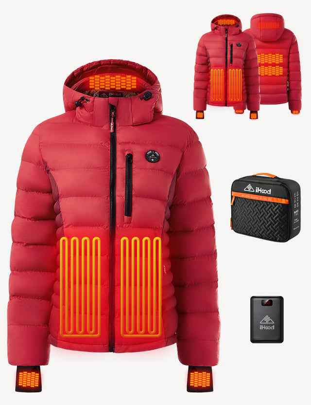 Red Women's Heated Puffer Jacket Heating Effect Demonstration