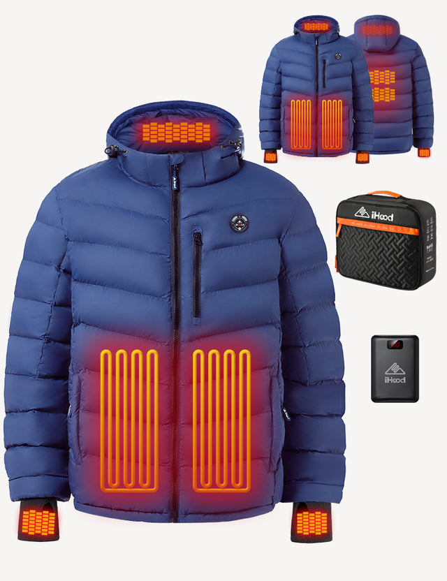 Blue Men's Heated Puffer Jacket Heating Effect Demonstration