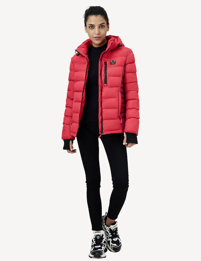 Full Body Front View of Red Heated Puffer Jacket on Model