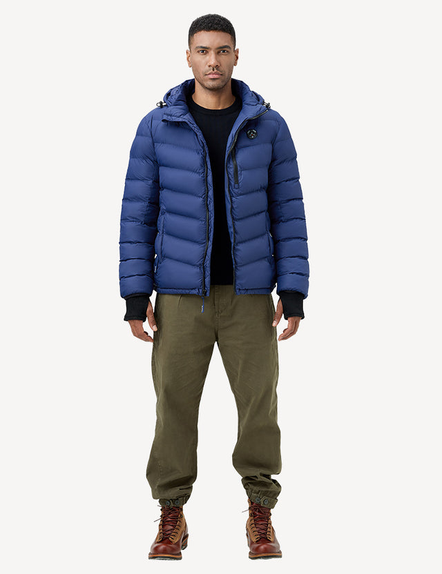 Full Body Front View of Blue Heated Puffer Jacket on Model
