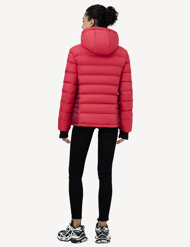 Full Body Back View of red Heated Puffer Jacket on Model