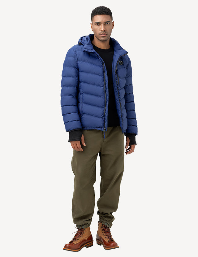 Full Body Side View of Blue Heated Puffer Jacket on Model