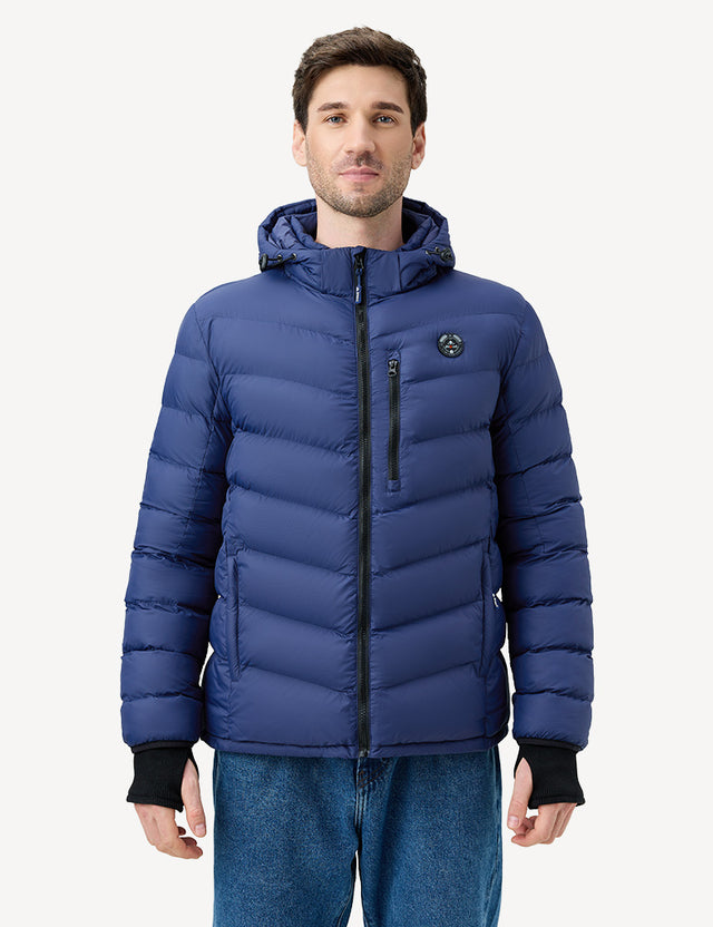 Half Body Front View of Blue Men's Heated Puffer Jacket