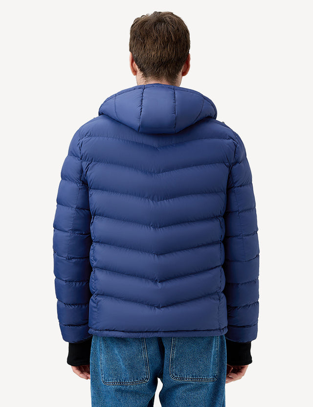 Half Body Back View of Blue Men's Heated Puffer Jacket