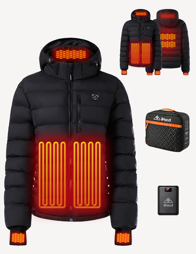Black Women's Heated Puffer Jacket Heating Effect Demonstration
