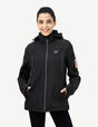 Stylish black women's heated jacket showcased on a model, perfect for winter wear.
