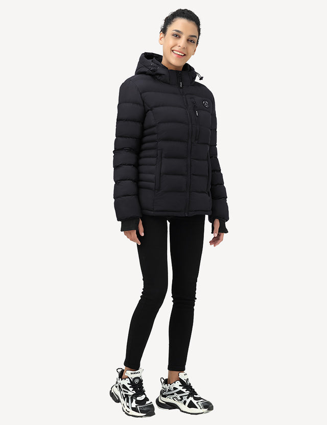 Full Body Front View of Black Heated Puffer Jacket on Model