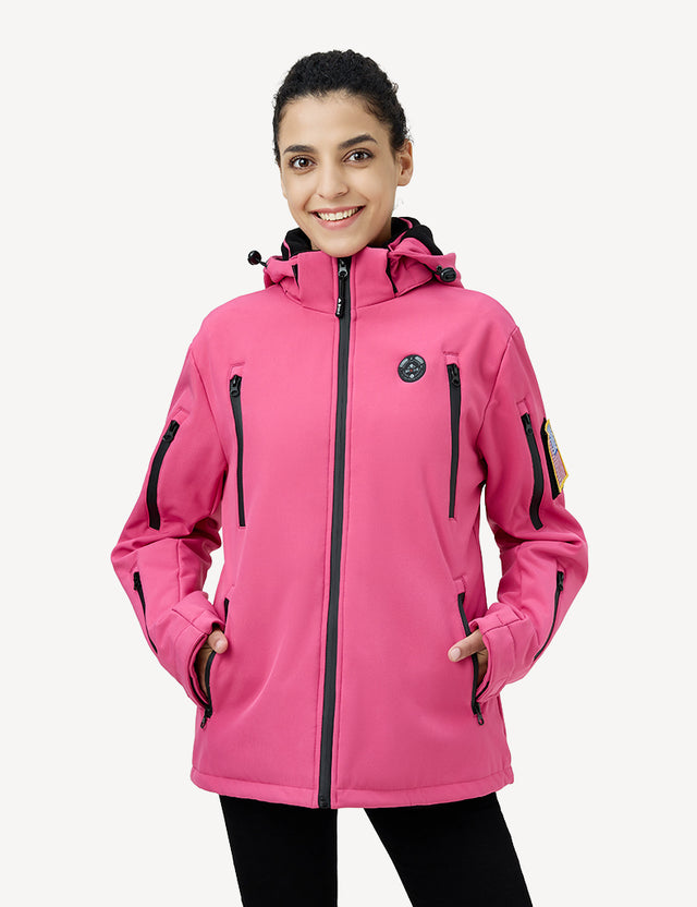 Vibrant pink women's heated jacket displayed on a model, perfect for a trendy winter outfit.