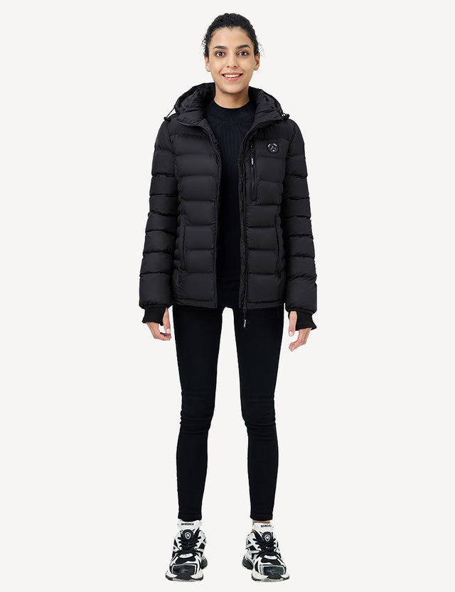 Full Body Side View of Black Heated Puffer Jacket on Model