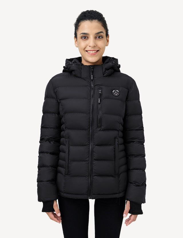 Black Women's Heated Puffer Jacket Front Model View