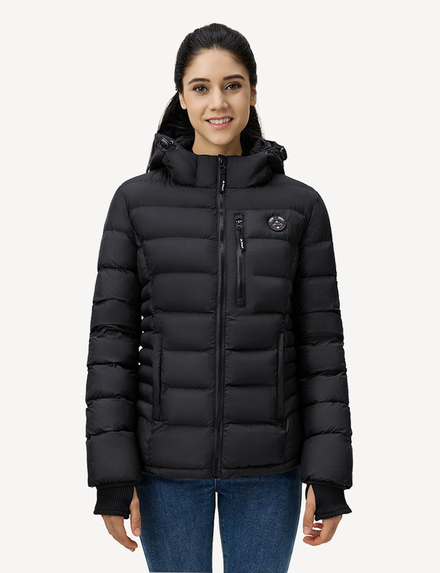 Half Body Front View of Black Women's Heated Puffer Jacket