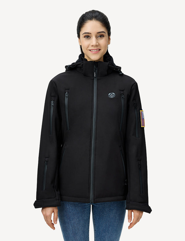 Half body front shot of a model in a black heated jacket, highlighting its stylish look.