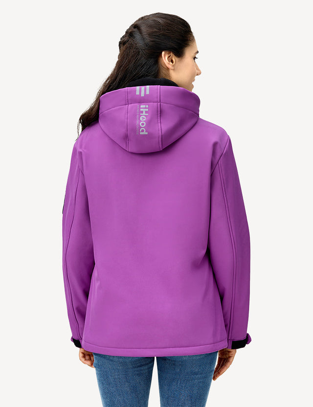 Half body back view of a model in a purple women's heated jacket, illustrating its trendy cut.