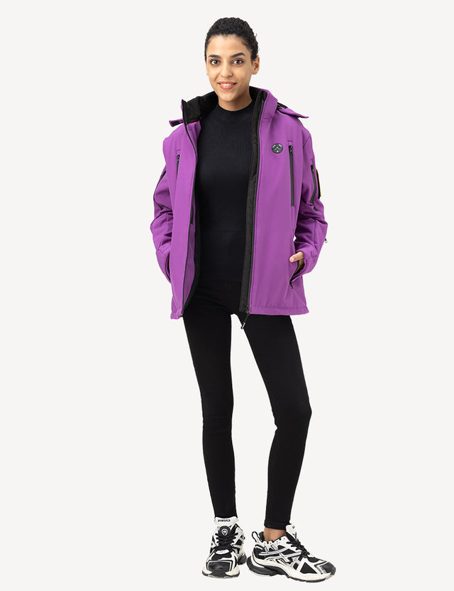 Full body side view of a model wearing a purple heated jacket, highlighting its modern design.