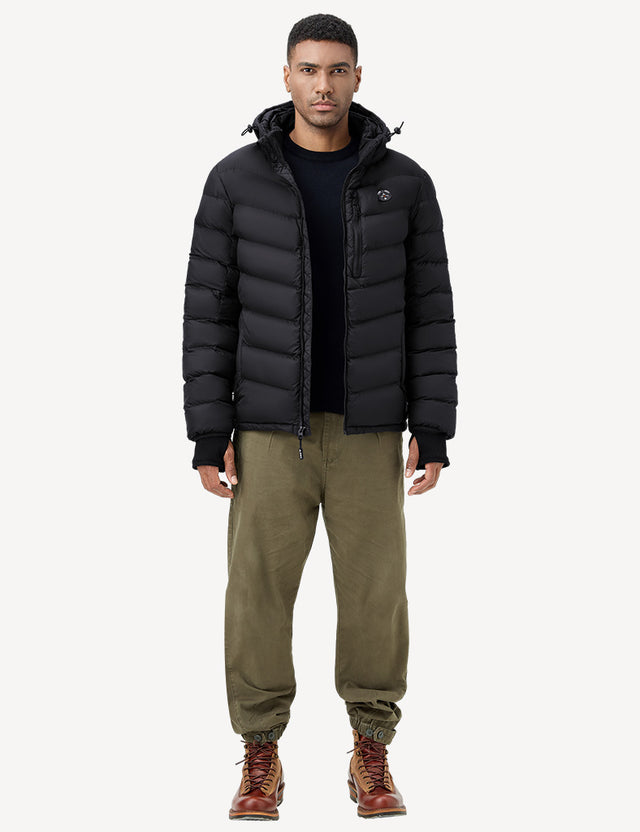 Full Body Front View of Black Heated Puffer Jacket on Model