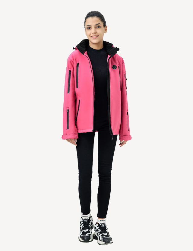 Full body front image of a model in a pink women's heated jacket, ideal for outdoor adventures.