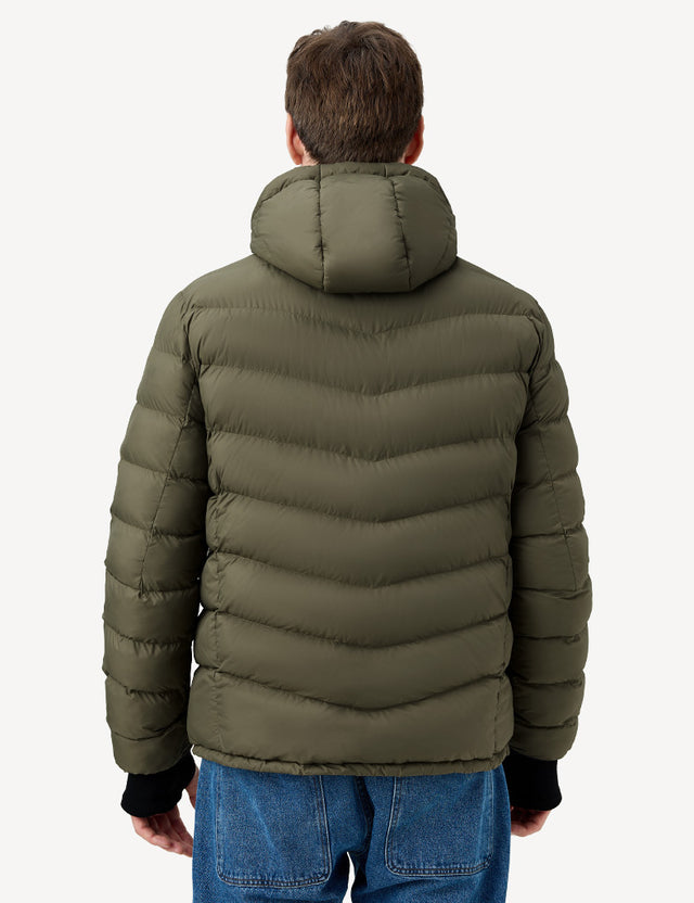 Half Body Back View of Green Men's Heated Puffer Jacket
