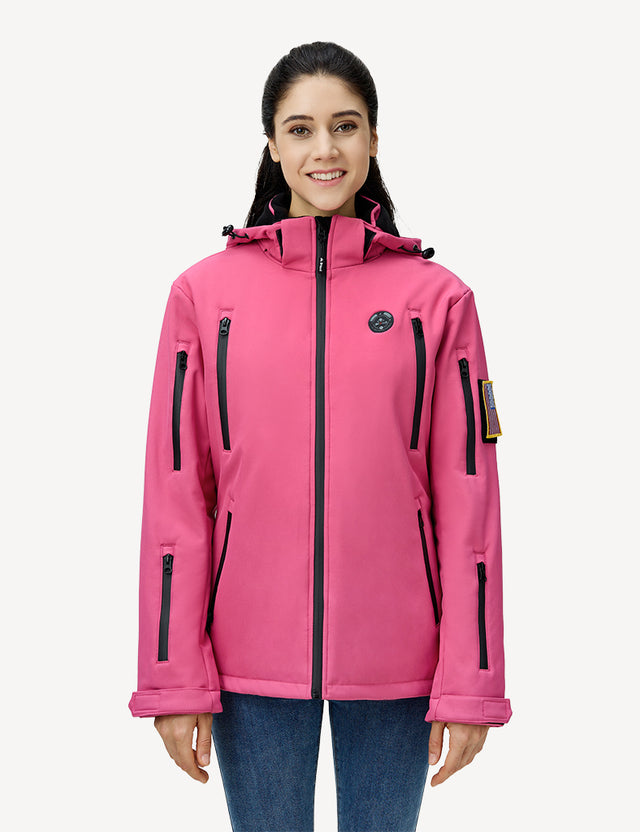 Half body front shot of a model in a pink women's heated jacket, highlighting its chic design.