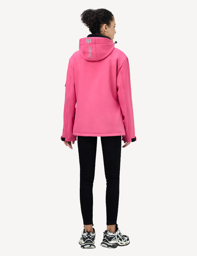 Full body back view of a model wearing a pink women's heated jacket, showcasing its fashionable look.