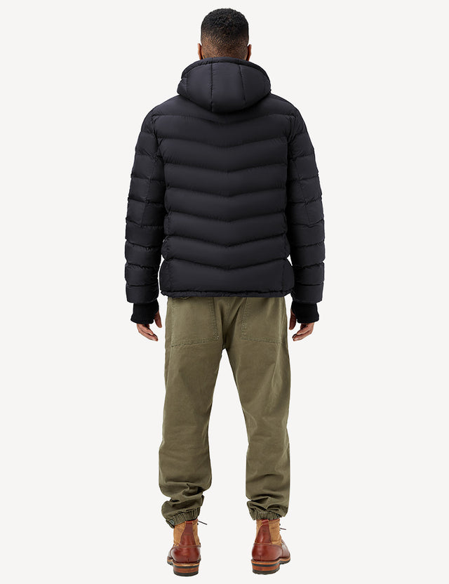 Full Body Back View of Black Heated Puffer Jacket on Model