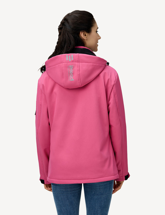 Half body back view of a model wearing a pink women's heated jacket, illustrating its stylish silhouette.