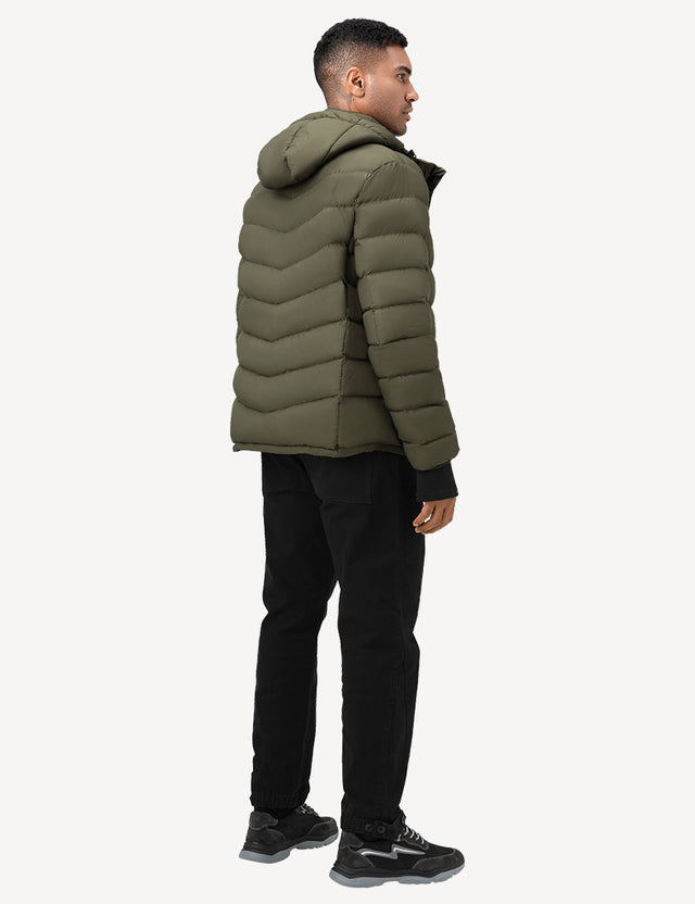 Full Body Back View of Green Heated Puffer Jacket on Model