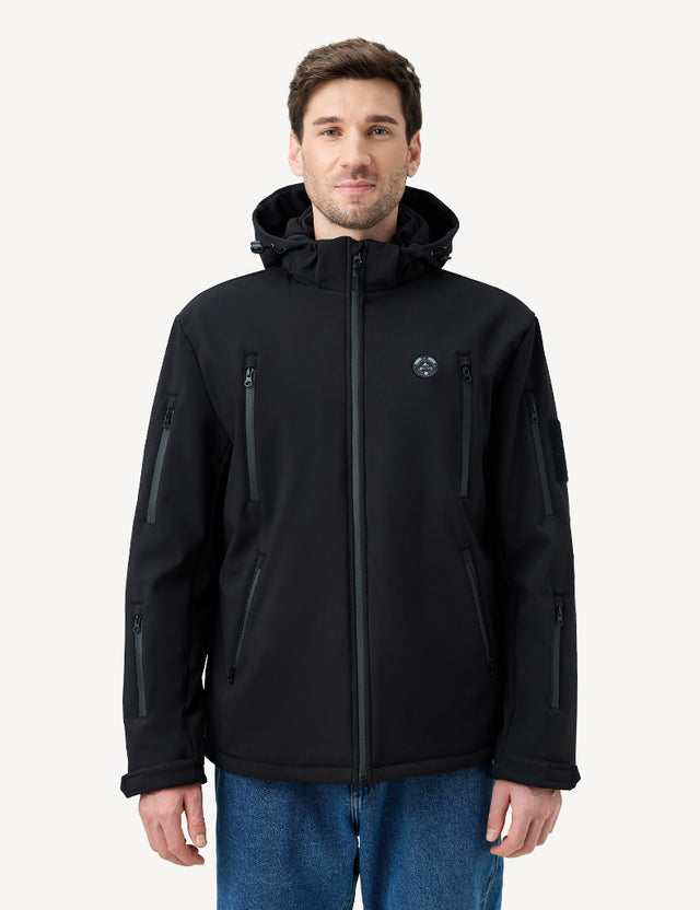 Close-up front view of a model in a black heated jacket, showcasing the high-quality material