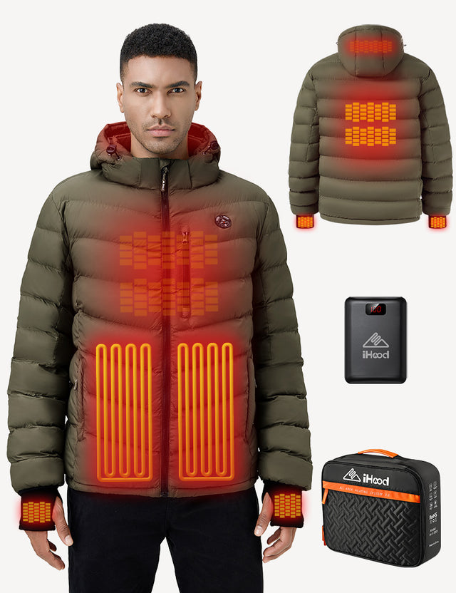 Green Men's Heated Puffer Jacket Heating Effect Demonstration