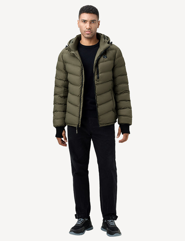 Full Body Front View of Green Heated Puffer Jacket on Model