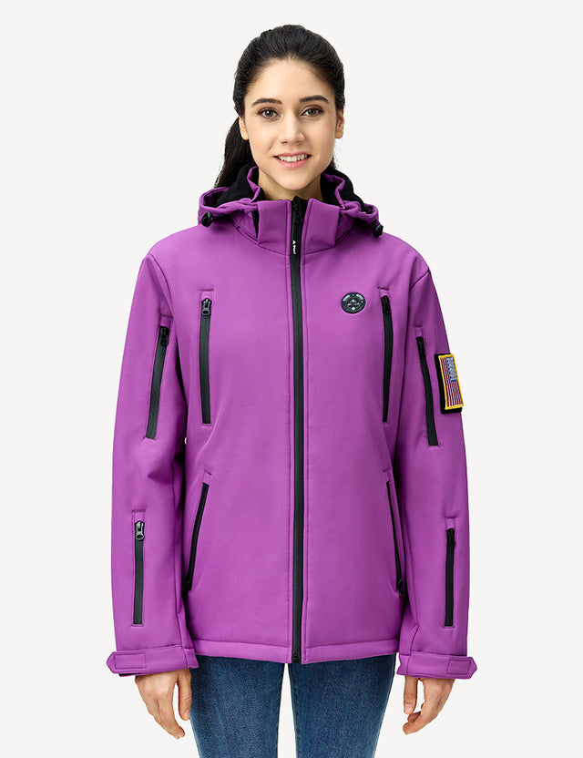 Half body front shot of a model in a purple women's heated jacket, showcasing its fashionable appearance.