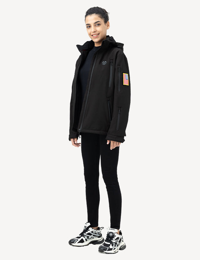 Full body side image of a model in a black heated jacket, demonstrating its sleek design.