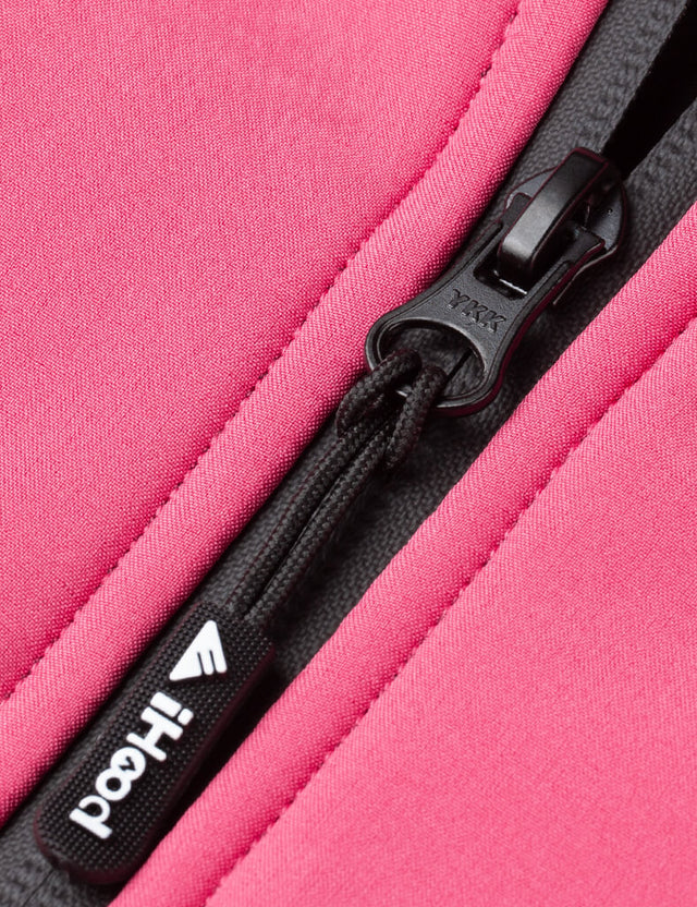 Detailed view of the zipper on the pink heated jacket, highlighting quality and durability.
