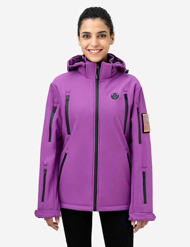 Eye-catching purple women's heated jacket showcased on a model, perfect for stylish winter fashion.