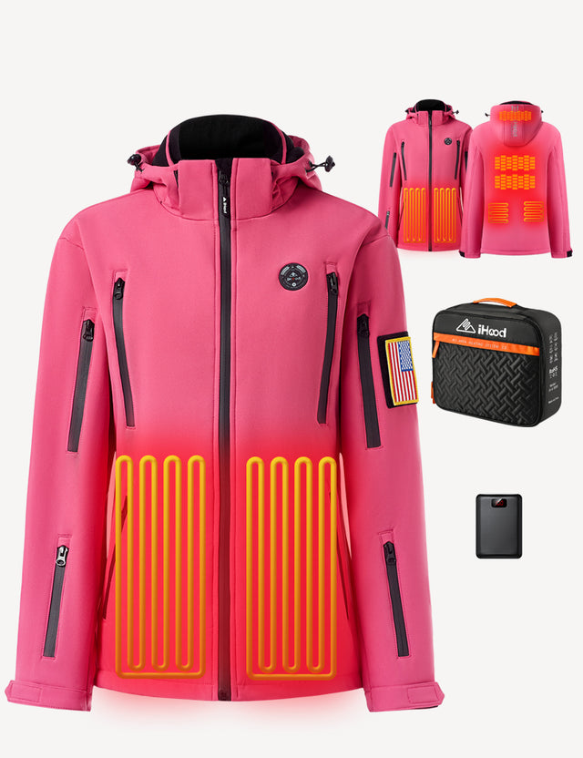 Pink women's heated jacket displaying temperature control settings and battery functionality for optimal warmth.