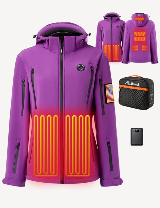 purple women's heated jacket displaying temperature control settings and battery functionality for optimal warmth.