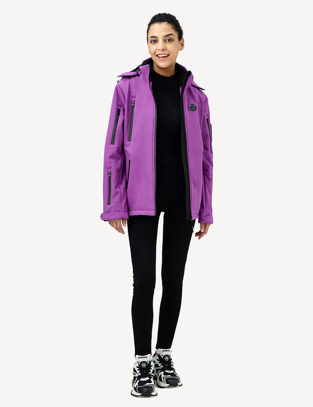 Full body front image of a model in a purple heated jacket, suitable for various outdoor activities.