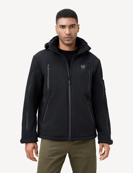 Men's heated jacket worn by model, showcasing sleek black design and modern style.