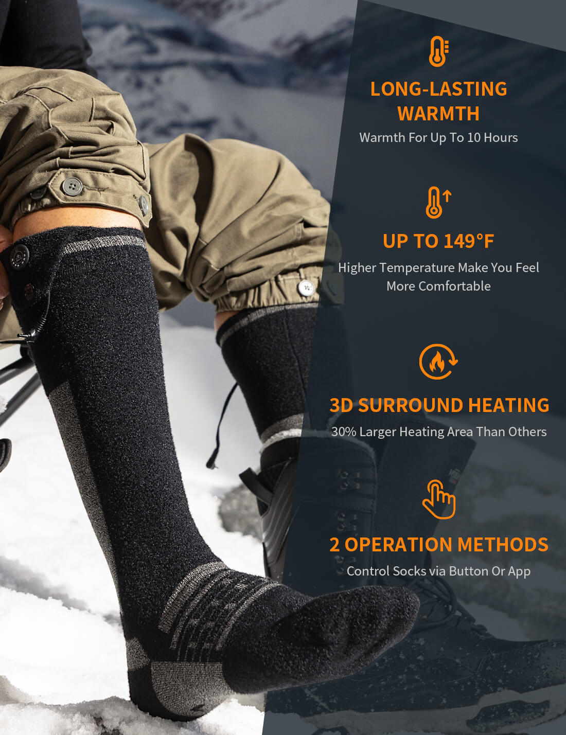 Front view of unisex black heated socks featuring three heat settings.