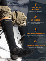 Front view of unisex black heated socks featuring three heat settings.
