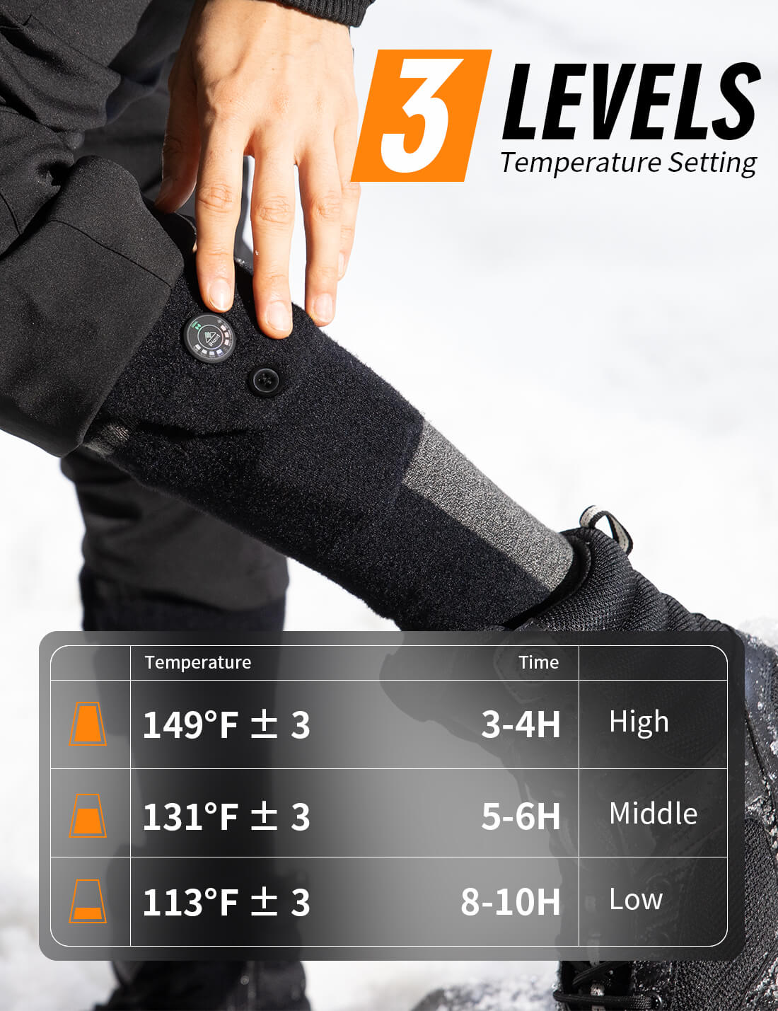 Side view of adjustable temperature black heated socks, perfect for outdoor activities.