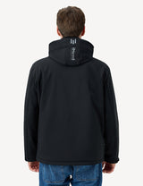 Half-body back view of a model wearing a black heated jacket, emphasizing comfort and functionality.