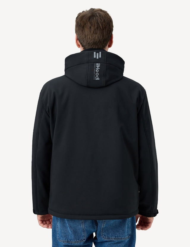 Half-body back view of a model wearing a black heated jacket, emphasizing comfort and functionality.