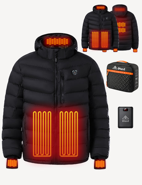 Black Men's Heated Puffer Jacket Heating Effect Demonstration