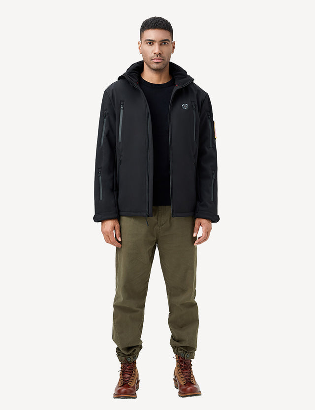 Full-body view of a model in a men's heated jacket, highlighting its fit and stylish design.