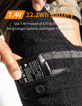 Close-up of the 7.4V rechargeable battery in black heated socks.