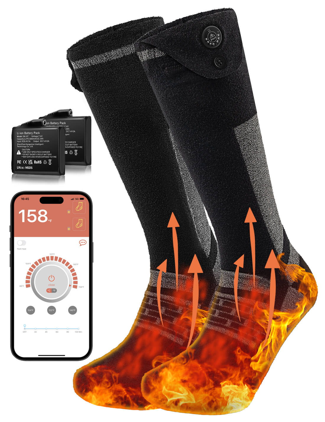 User adjusting temperature settings on black heated socks for optimal warmth.