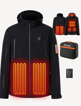 Men's heated jacket displaying temperature control settings and battery functionality for optimal warmth.