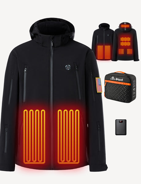 Men's heated jacket displaying temperature control settings and battery functionality for optimal warmth.