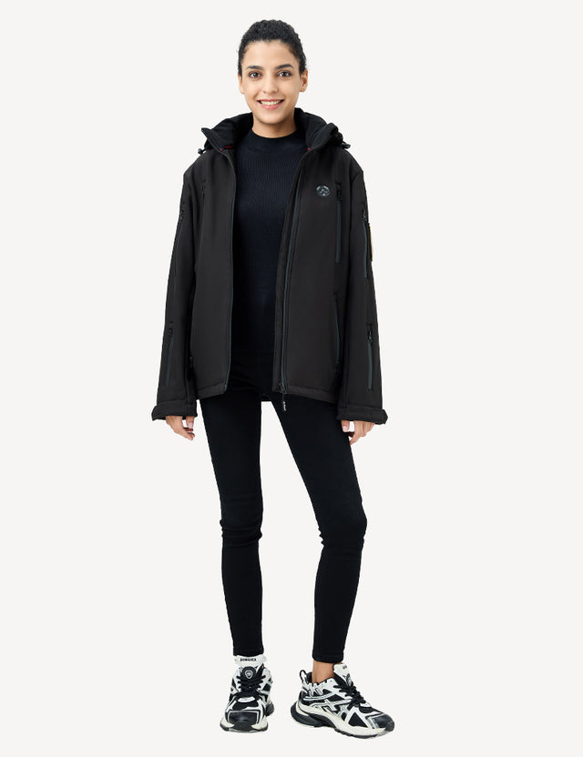 Black heated jacket displaying temperature control settings and battery functionality for optimal warmth.