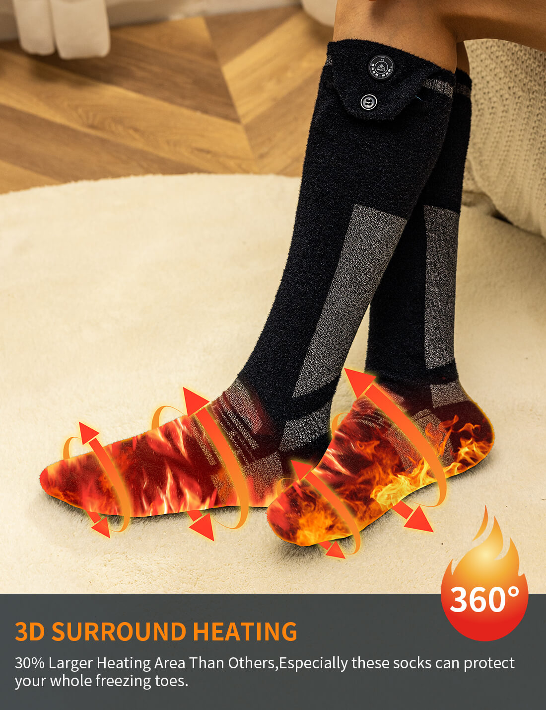 Front view of unisex black heated socks featuring 3D surround heating.